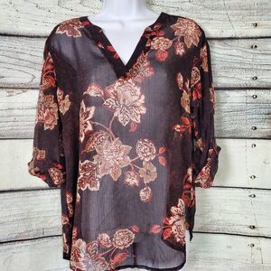 Maurices Women’s Floral Sheer Blouse Size M Brown Red 3/4 Sleeve NWT